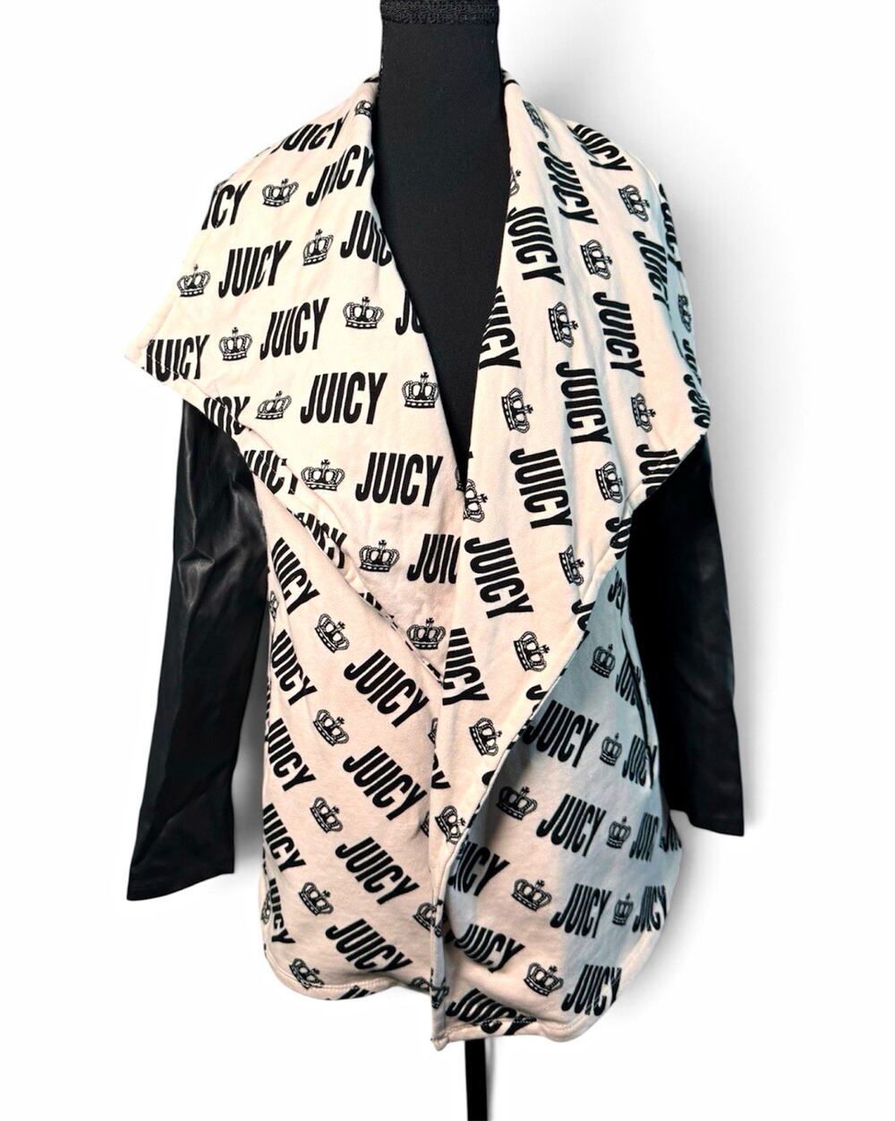 Juicy Couture Juicy Logo Knit Jacket Faux Leather Sleeves Zip Pockets S